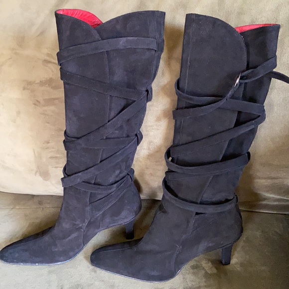Free Lance Paris Women's Genuine Leather Black Suede Strappy Lace Up Boots 39.5